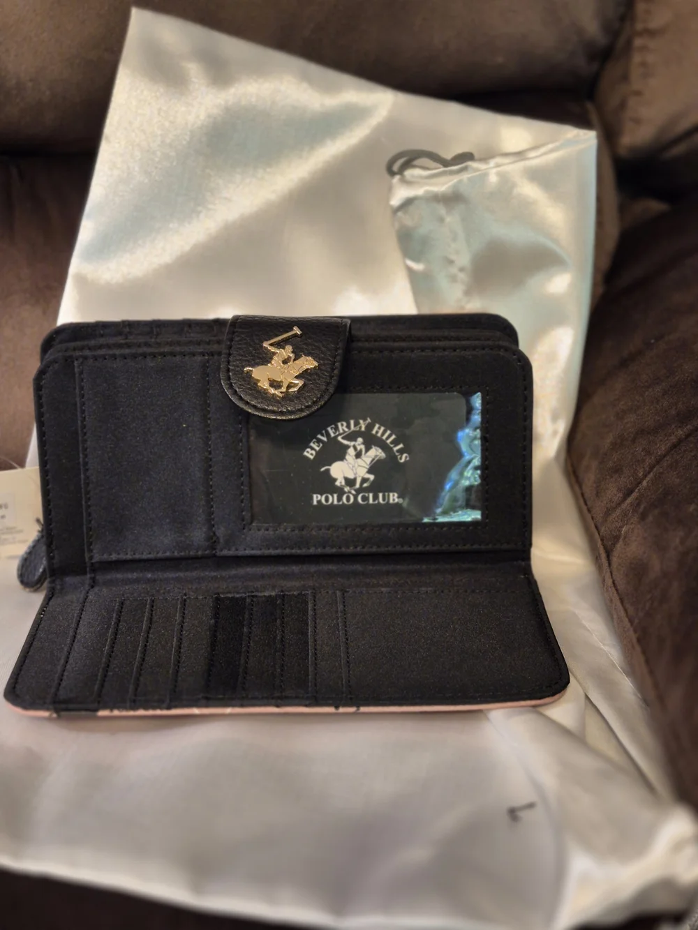 Beverly Hills Polo Club Tan Blush Logo Zip Wallet with Black Snap